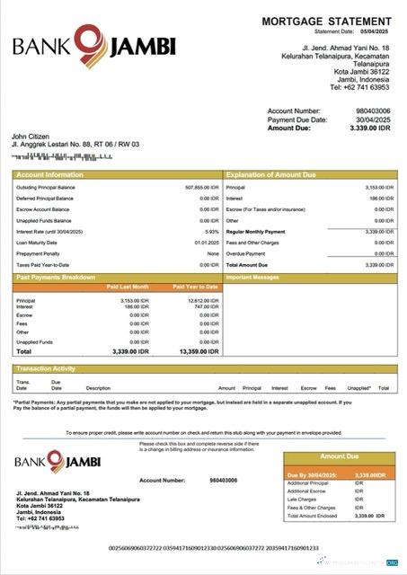Download Indonesia Bank Jambi mortgage statement Word and PDF template Photoshop template